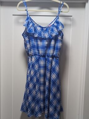 She's Cool Blue & White Plaid Ruffle Midi Dress
